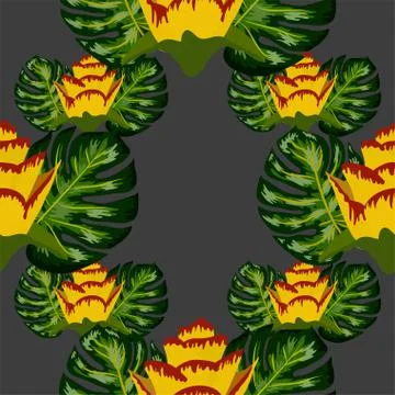 Summer seamless tropical pattern with bright yellow and pink plants and leave 스톡 일러스트