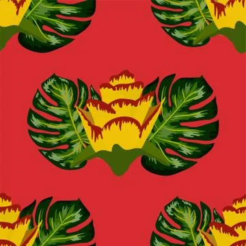 Summer seamless tropical pattern with bright yellow and pink plants and leave Stock Illustration