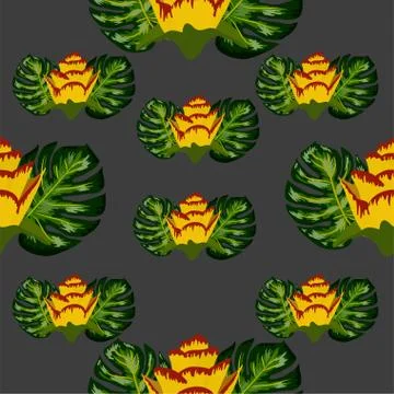 Summer seamless tropical pattern with bright yellow and pink plants and leave 스톡 일러스트