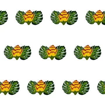 Summer seamless tropical pattern with bright yellow and pink plants and leave Stock-Illustration