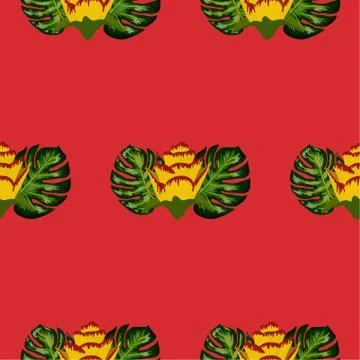 Summer seamless tropical pattern with bright yellow and pink plants and leave 库存插图