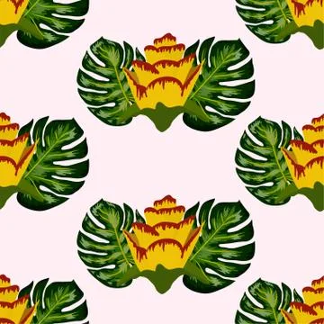 Summer seamless tropical pattern with bright yellow and pink plants and leave Stock Illustration
