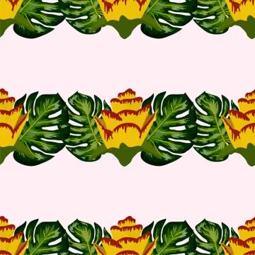 Summer seamless tropical pattern with bright yellow and pink plants and leave Stock Illustration