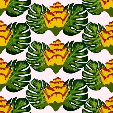 Summer seamless tropical pattern with bright yellow and pink plants and leave Stock Illustration