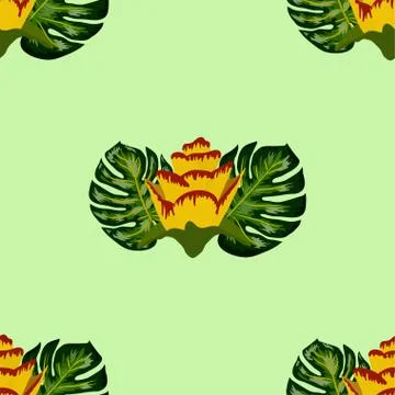 Summer seamless tropical pattern with bright yellow and pink plants and leave Stock Illustration