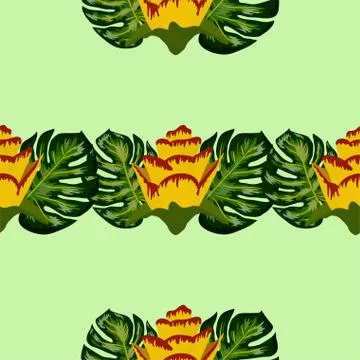 Summer seamless tropical pattern with bright yellow and pink plants and leave 库存插图