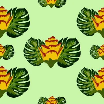 Summer seamless tropical pattern with bright yellow and pink plants and leave Illustrazione stock