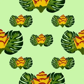 Summer seamless tropical pattern with bright yellow and pink plants and leave 스톡 일러스트