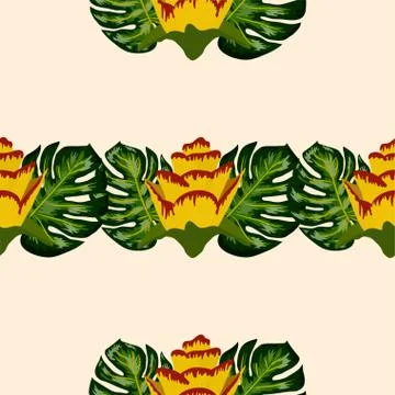 Summer seamless tropical pattern with bright yellow and pink plants and leave Stock Illustration