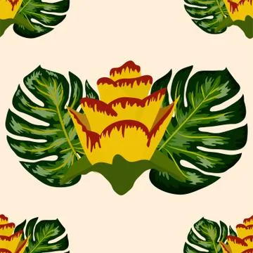 Summer seamless tropical pattern with bright yellow and pink plants and leave Stock Illustration
