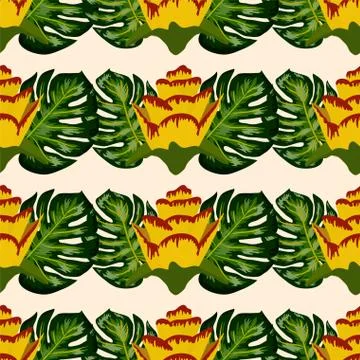 Summer seamless tropical pattern with bright yellow and pink plants and leave Stockillustratie