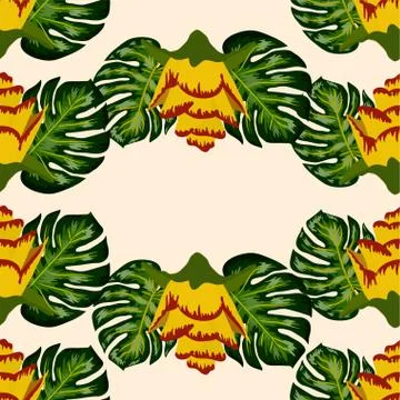 Summer seamless tropical pattern with bright yellow and pink plants and leave Stock Illustration