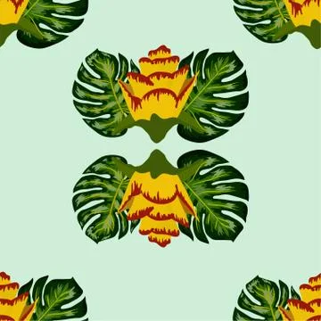 Summer seamless tropical pattern with bright yellow and pink plants and leave Illustrazione stock