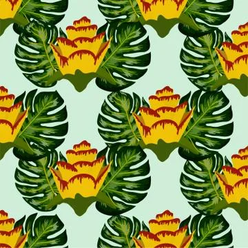 Summer seamless tropical pattern with bright yellow and pink plants and leave Stock Illustration