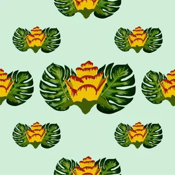 Summer seamless tropical pattern with bright yellow and pink plants and leave Illustrazione stock