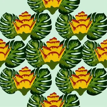 Summer seamless tropical pattern with bright yellow and pink plants and leave Stockillustratie