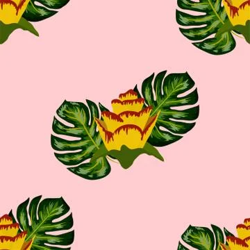 Summer seamless tropical pattern with bright yellow and pink plants and leave Stock Illustration