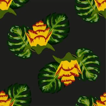 Summer seamless tropical pattern with bright yellow and pink plants and leave 스톡 일러스트