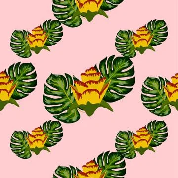 Summer seamless tropical pattern with bright yellow and pink plants and leave Stock Illustration