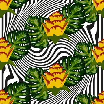 Summer seamless tropical pattern with bright yellow and pink plants and leave Stockillustratie