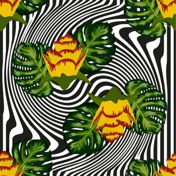 Summer seamless tropical pattern with bright yellow and pink plants and leave 스톡 일러스트