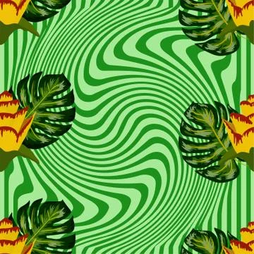 Summer seamless tropical pattern with bright yellow and pink plants and leave Stock Illustration