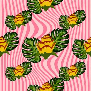 Summer seamless tropical pattern with bright yellow and pink plants and leave 库存插图