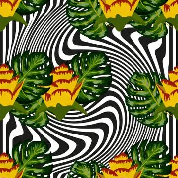 Summer seamless tropical pattern with bright yellow and pink plants and leave Stock Illustration