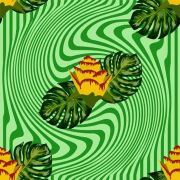 Summer seamless tropical pattern with bright yellow and pink plants and leave Stockillustratie
