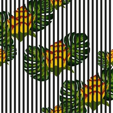 Summer seamless tropical pattern with bright yellow and pink plants and leave Stock-Illustration