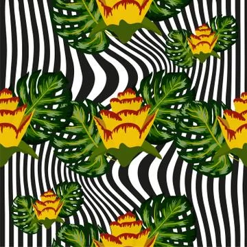Summer seamless tropical pattern with bright yellow and pink plants and leave Illustrazione stock