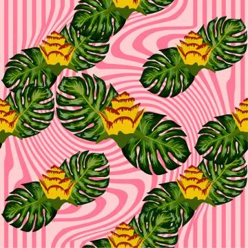 Summer seamless tropical pattern with bright yellow and pink plants and leave Stock Illustration