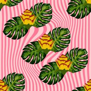 Summer seamless tropical pattern with bright yellow and pink plants and leave Stock Illustration