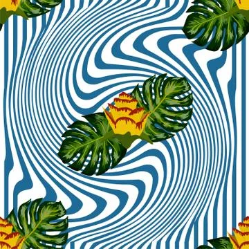 Summer seamless tropical pattern with bright yellow and pink plants and leave Stockillustratie