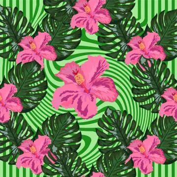 Summer seamless tropical pattern with bright yellow and pink plants and leave Stock-Illustration