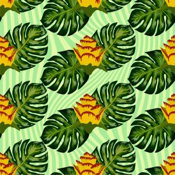 Summer seamless tropical pattern with bright yellow and pink plants and leave Illustrazione stock