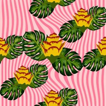 Summer seamless tropical pattern with bright yellow and pink plants and leave Stock Illustration