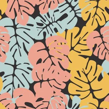 Summer seamless tropical pattern with colorful monstera palm leaves Stock Illustration