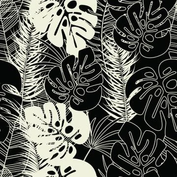 Summer seamless tropical pattern with monstera palm leaves and plants Stock Illustration