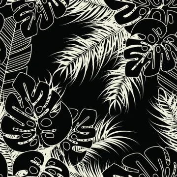Summer seamless tropical pattern with monstera palm leaves and plants Stock Illustration