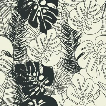 Summer seamless tropical pattern with monstera palm leaves and plants Stock Illustration