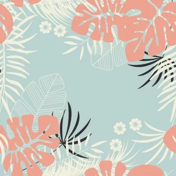 Summer seamless tropical pattern with monstera palm leaves, plants and flower Stock Illustration