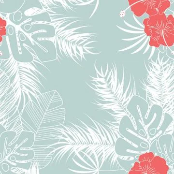 Summer seamless tropical pattern with monstera palm leaves and flowers Stock Illustration