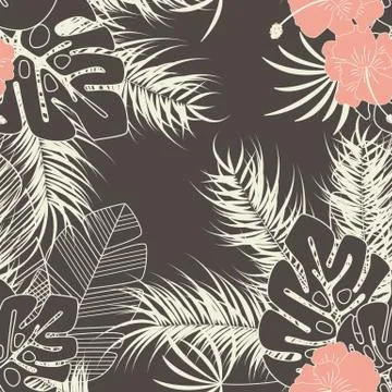 Summer seamless tropical pattern with monstera palm leaves, plants and flowers Stock Illustration