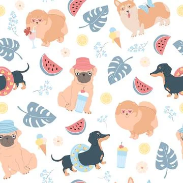 Summer seamless vector pattern of dogs, monstera leaves, watermelons, lemons, Stock Illustration