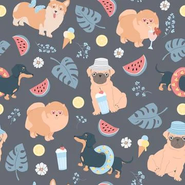 Summer seamless vector pattern of dogs, monstera leaves, watermelons, lemons, Illustrazione stock