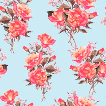 Summer Seamless Watercolor Pattern with Red Roses Stock Illustration
