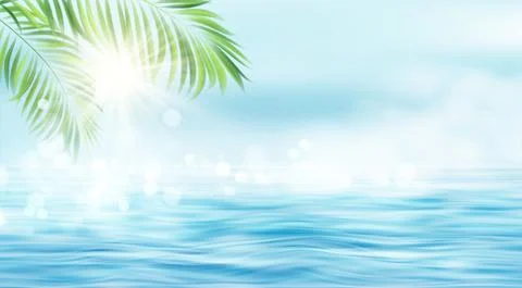 Summer seascape. The rays of the sun and the leaves of the palm tree on the Stock Illustration