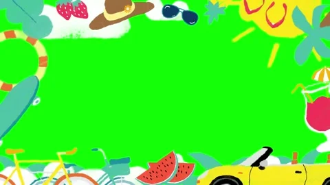 Summer seasonal animated frame featuring vibrant illustrations of vacation Stock Footage 340881602