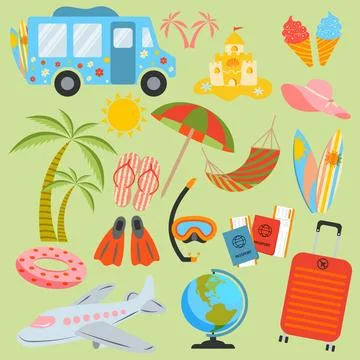 Summer set, accessories Beach, umbrella, surfboard, ice cream, slippers, ti.. Stock Illustration